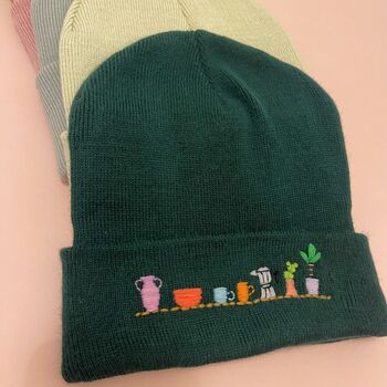 Unisex Hand Embroidered Beanie Hat Green, 5 of 6
