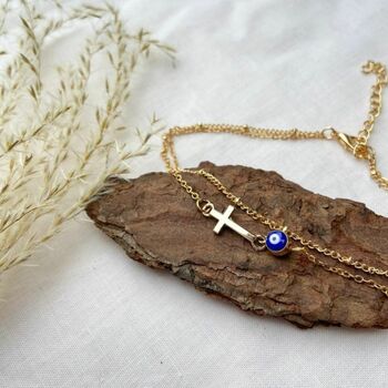 Gold Plated Evil Eye Cross Boho Layered Anklet, 4 of 4
