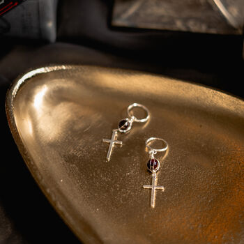 Mini Sterling Silver Hoop And Red Garnet Cross Earrings, 2 of 5