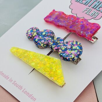 Pink, Blue And Yellow Glitter Assorted Resin Hair Clips, 4 of 4