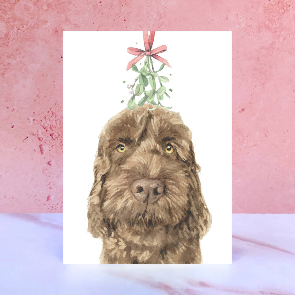 Chocolate Cockapoo Dog Mistletoe Christmas Card, 1 of 1