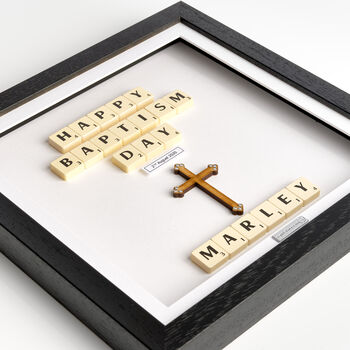 Personalised Wooden Cross Baptism Keepsake Frame With Scrabble, 2 of 9