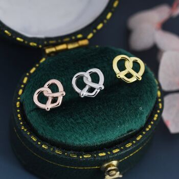 Extra Tiny Pretzel Heart Knot Earrings In Sterling Silver, 2 of 12