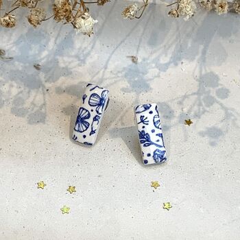 Minimalist Blue Floral Ceramic Bar Stud Earrings, Dainty Rectangular Studs, 7 of 11