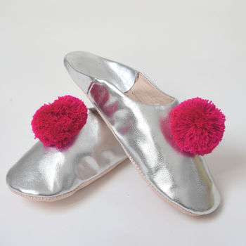 Metallic Babouche Slippers With Chunky Pompom, 3 of 4