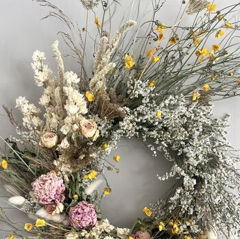 Wild Meadow Pink And Yellow Dried Flower Wreath, 3 of 9