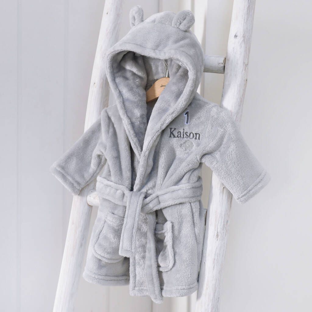 Personalised Grey Baby Dressing Gown With Ears And Age By elimonks