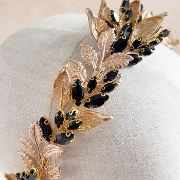 Black Crystal And Gold Leaf Bridal Crown, 7 of 7