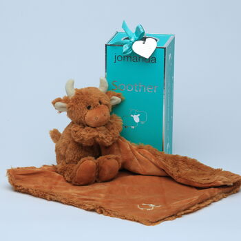 Highland Cow Brown Toy Baby Spft Plush Soother With Personalised Engraved Heart Tag, 3 of 12