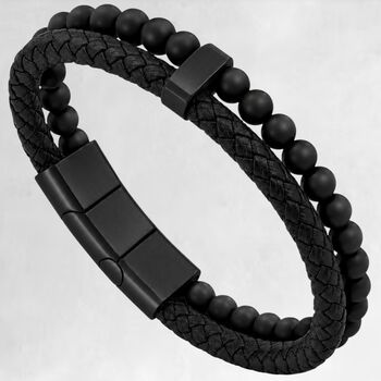 Men’s Adjustable Black Double Leather And Bead Bracelet – 12mm Woven Design With Black Stainless Steel Clasp, 6 of 7