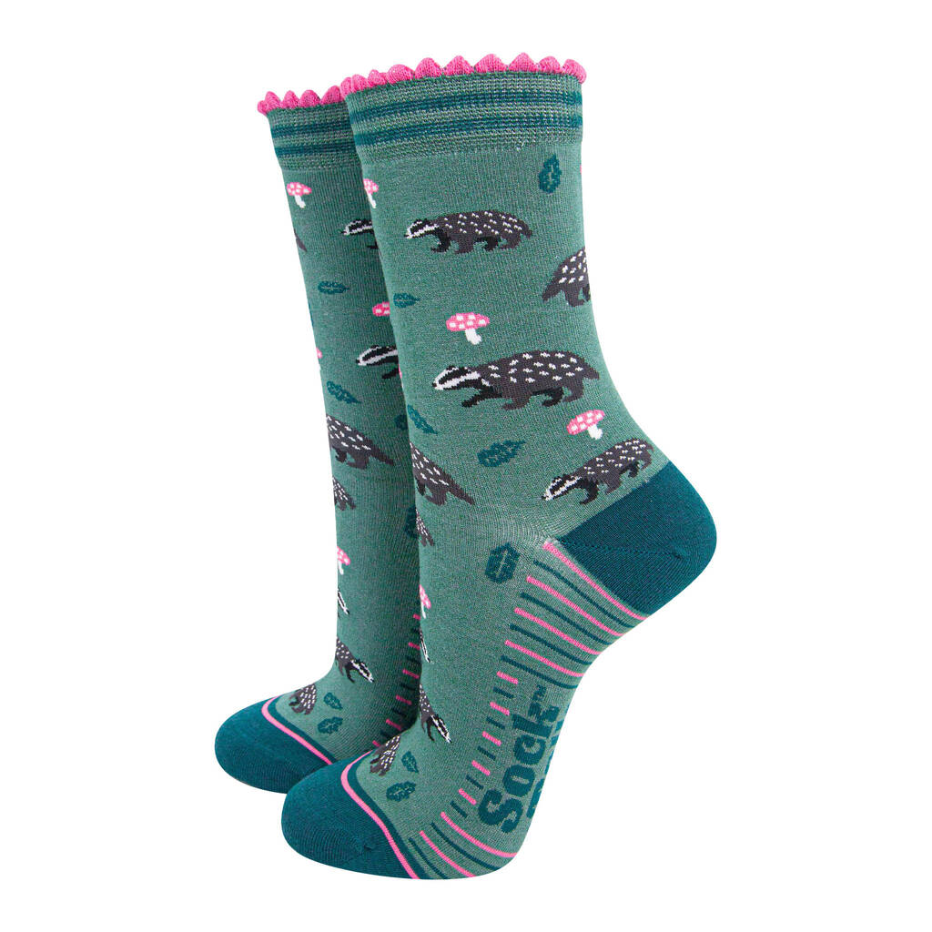 Badgers Woodland Animals Bamboo Ankle Socks Women's Green, 1 of 3