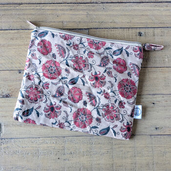Quilted Sari Pouches: Beige Floral Pattern With Colourful Zipper, 7 of 8