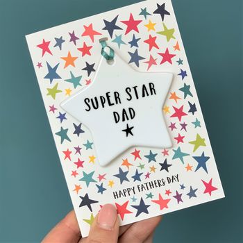 Bright Super Star Dad Card With Ceramic Keepsake, 2 of 5