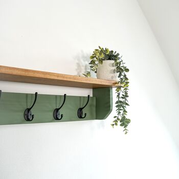 Green Coat Rack With Shelf, Dark Wax Shelf 10cm Deep, Shelf With Hooks, Black, Silver, Bronze, Copper, Chrome, Brass Hooks, Painted In F And B No.34, 7 of 8