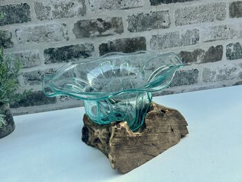 Handcrafted Teak Root And Molten Glass Bowl Wooden Flower, 2 of 10