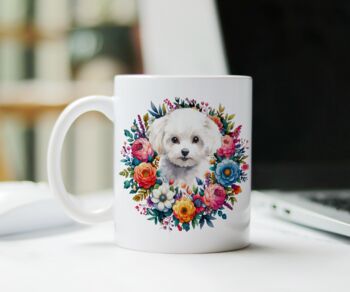 Personalised Bichon Frise Summer Floral Dog Wreath Cushion And Mug Gift Bundle, 2 of 4
