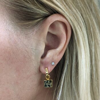 Square Dalmatian Jasper Gold Plated Gemstone Earrings, 3 of 6