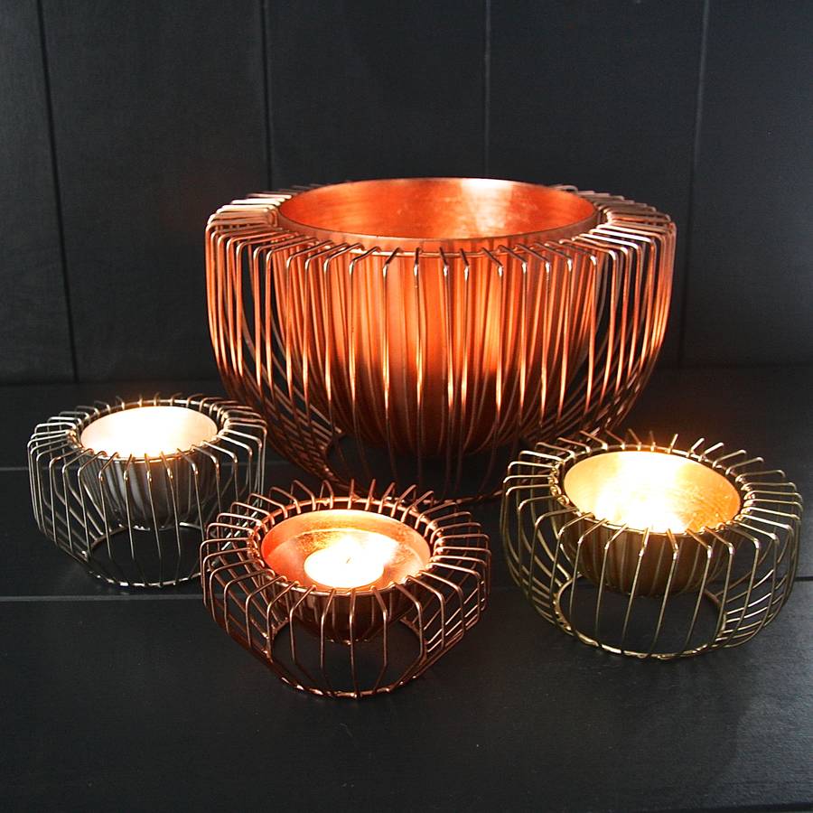 Three Wire Tealight Holders In Gold Copper And Steel By London Garden