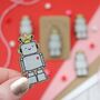 Cute Robot Wooden Pin Badge, thumbnail 1 of 7