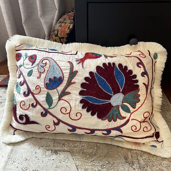 Oblong Silk Embroidered Suzani Cushion Burgundy, 9 of 11