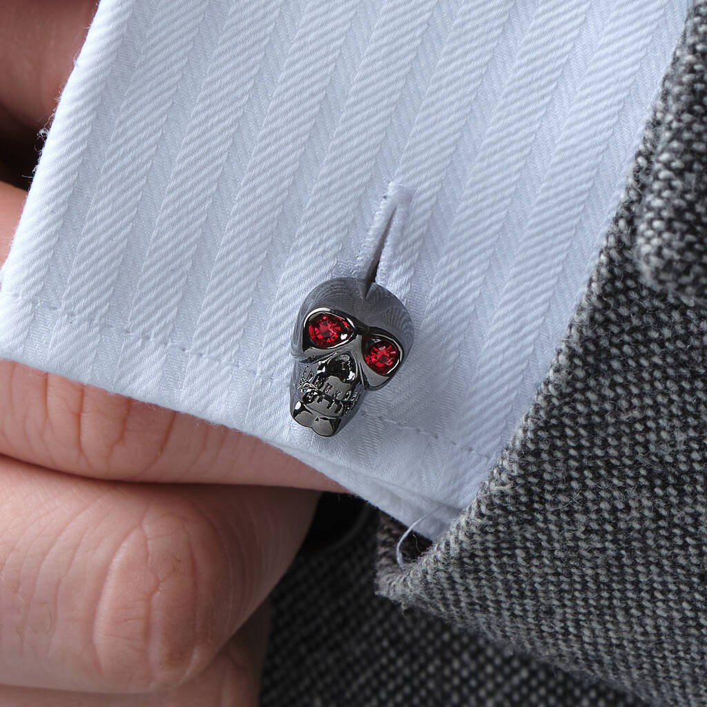 Image of Skull Cufflinks With Red Crystal Eyes