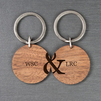Personalised Couples Set Of Two Walnut Wood Keyrings, 3 of 4
