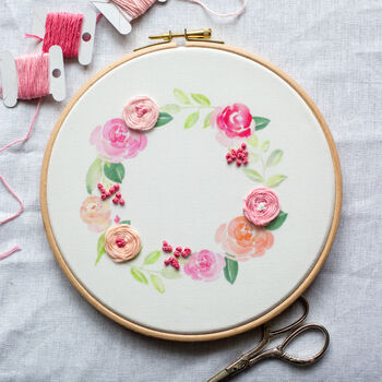Pink And Peach Wreath Embroidery Hoop Kit, 4 of 6
