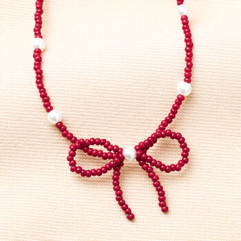 Pearl And Red Beaded Bow Pendant Necklace, 2 of 4
