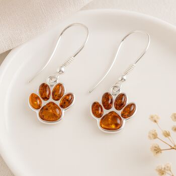 Sterling Silver Baltic Amber Paw Print Drop Earrings: Cat And Dog Lover Gift – 15mm, 2 of 9