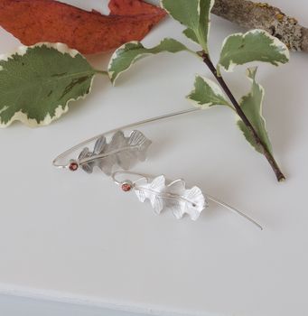 Silver Oak Leaf And Red Garnet Earrings, 9 of 11