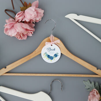 Personalised White Wedding Bride Hanger Tag Blue Rose, 3 of 5