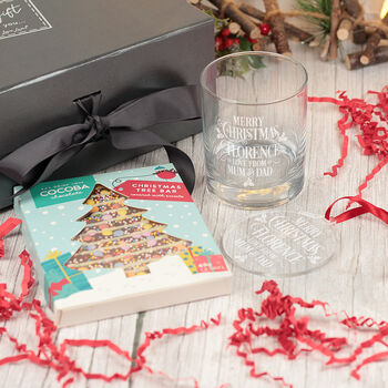 Merry Christmas Message Tumbler Glass With Chocolate Tree And Decoration Gift Boxed Set, 5 of 8