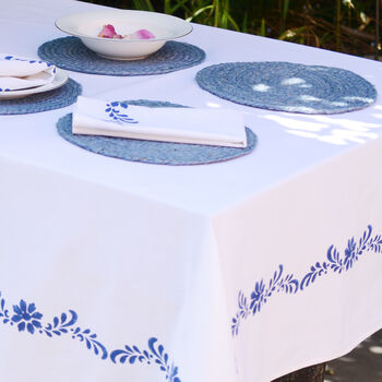White Tablecloth With Navy Blue Border, 3 of 3