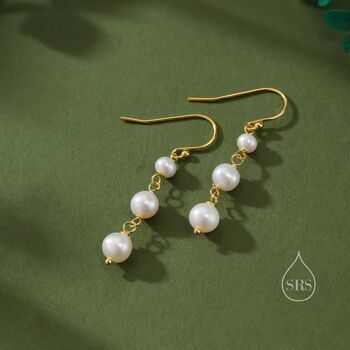 Sterling Silver Natural Pearl Trio Drop Hook Earrings, 5 of 11