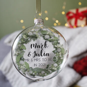 Mr And Mrs To Be Wreath Glass Christmas Bauble, 4 of 7