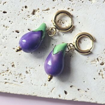 Ceramic Aubergine Earrings With 18ct Gold Plated Huggie Hoops, 3 of 6