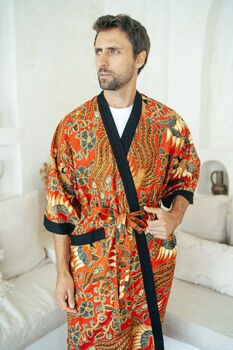 Men's Batik Kimono Robe In Red, 11 of 11