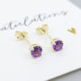 Solid 9ct Yellow Gold February Amethyst Birthstone Stud Earrings, thumbnail 7 of 9