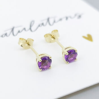 Solid 9ct Yellow Gold February Amethyst Birthstone Stud Earrings, 7 of 9