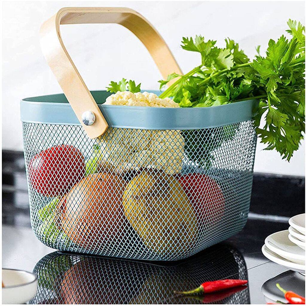Mesh Steel Metal Blue Storage Basket With Bamboo Handle By Momentum