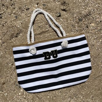 Personalised Large Black White Stripe Rope Beach Bag, 5 of 6