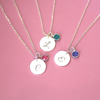 Silver Plated Script Initial Birthstone Disc Necklace, 3 of 9