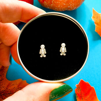 Silver Halloween Earrings, Skeleton Studs In A Gift Tin, 2 of 7