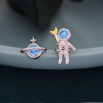 Mismatched Astronaut And Planet Stud Earrings In Sterling Silver, 4 of 10