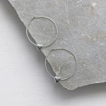 Sliding Heart Silver Hoop Earrings, 3 of 8