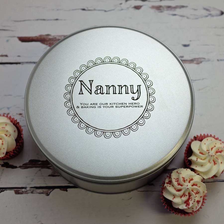 personalised cake tin by auntie mims