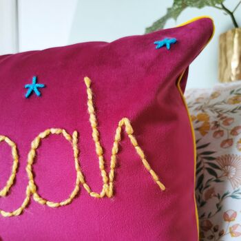 Hell Yeah Embroidered Pink Velvet Cushion, 3 of 4