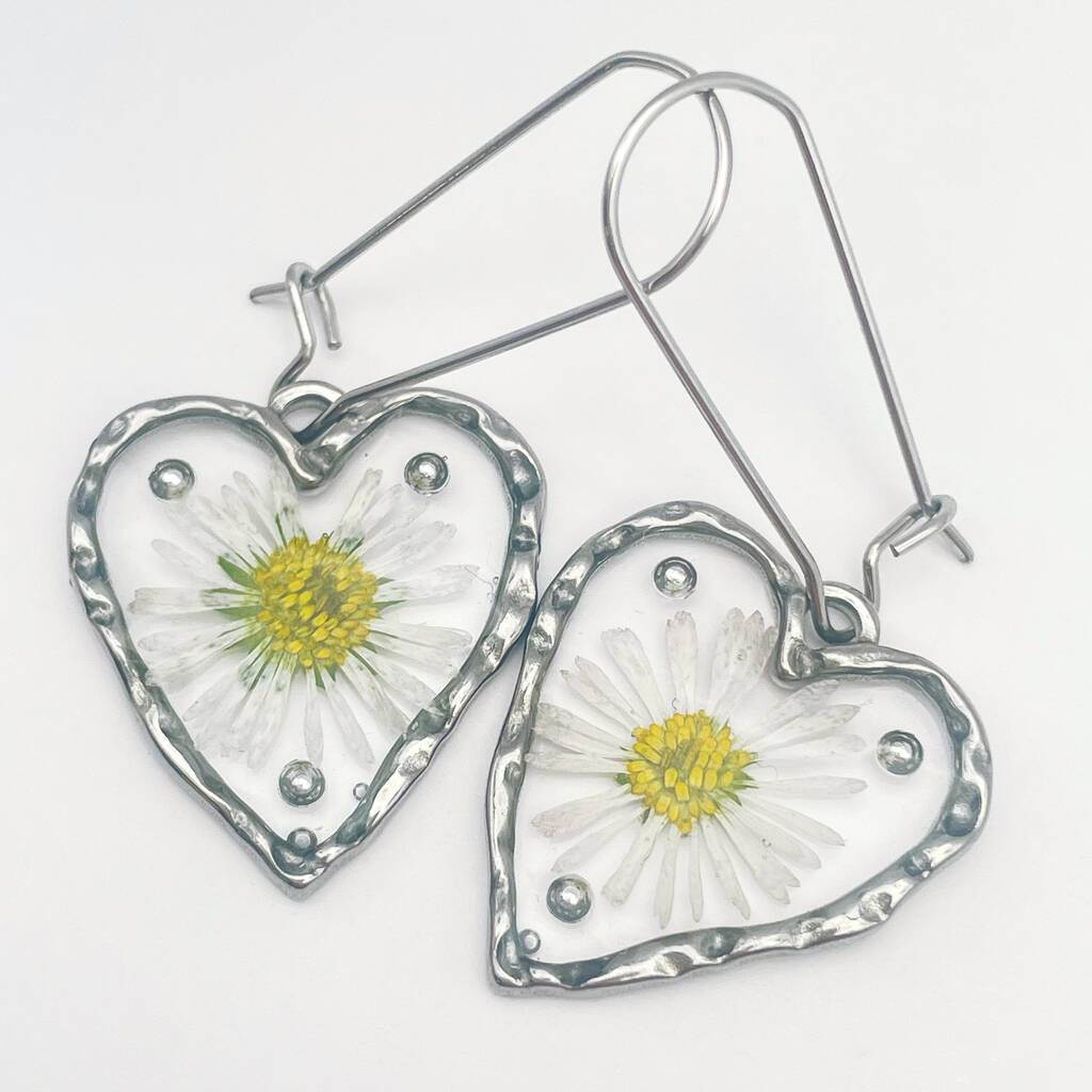 Heart Earrings With Daisy Flowers And Silver Beads, 1 of 10