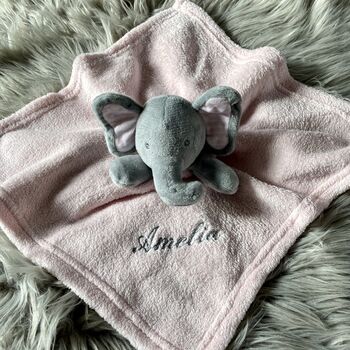 Embroidered Pink And Grey Baby Elephant Comforter, 2 of 8