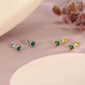 Tiny Emerald Green Cz Heart Stud Earrings, 8 of 12